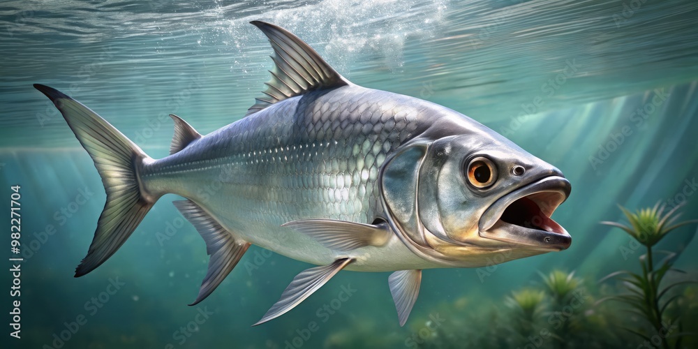A sleek silver fish with razor-sharp teeth and a distinctive elongated jawline propels itself with ease through the A sleek silver fish with razor-sharp teeth and a distinctive elongated jawline propels itself with ease through the