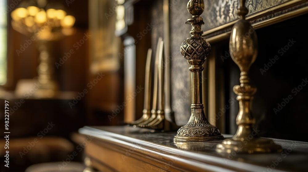 Antique Brass Candlesticks on a Mantelpiece Antique Brass Candlesticks on a Mantelpiece