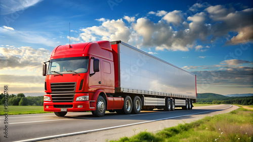 Red semi truck parked on side of road , transportation, vehicle, trucking, cargo, big rig