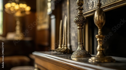 Antique Brass Candlesticks on a Mantelpiece photo