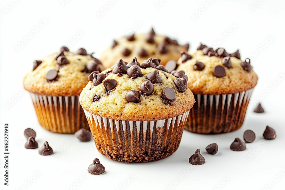 Three Chocolate Chip Muffins with Scattered Chocolate Chips Three Chocolate Chip Muffins with Scattered Chocolate Chips