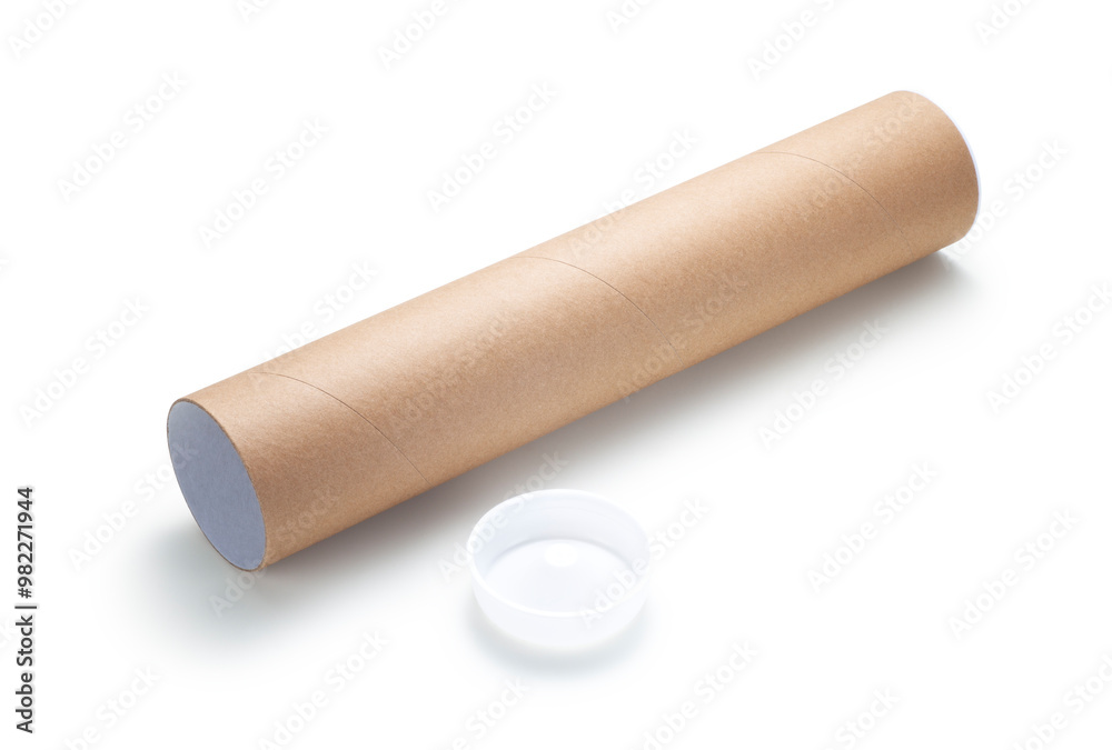 Brown cardboard roll tube with plastic lid on white background Brown cardboard roll tube with plastic lid on white background