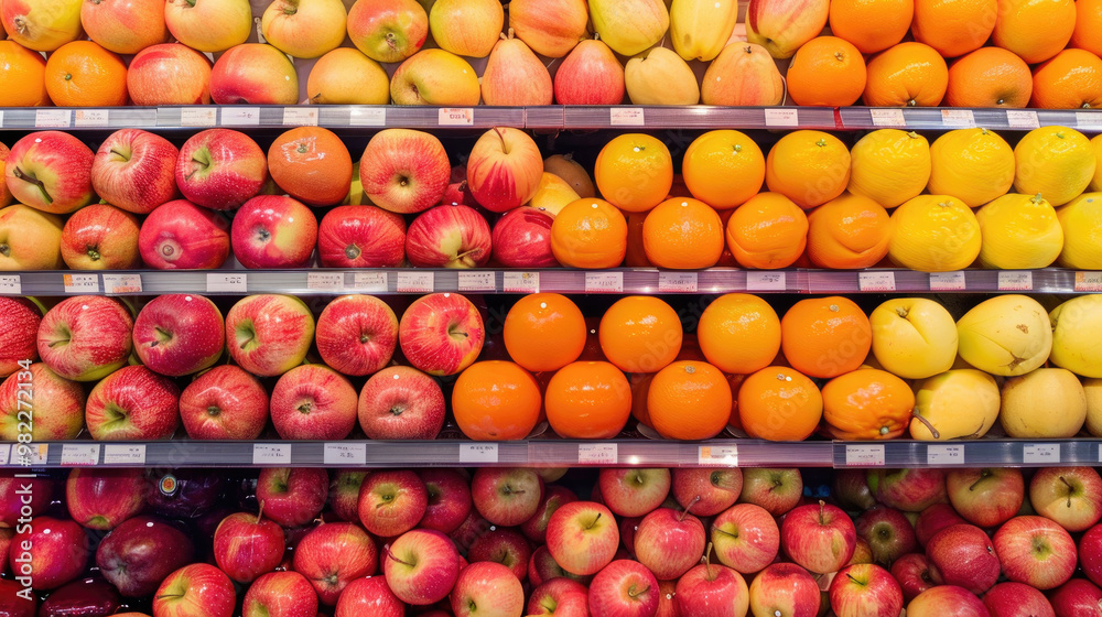 Fresh Apples and Oranges Displayed on Shelves in a Grocery Store Fresh Apples and Oranges Displayed on Shelves in a Grocery Store