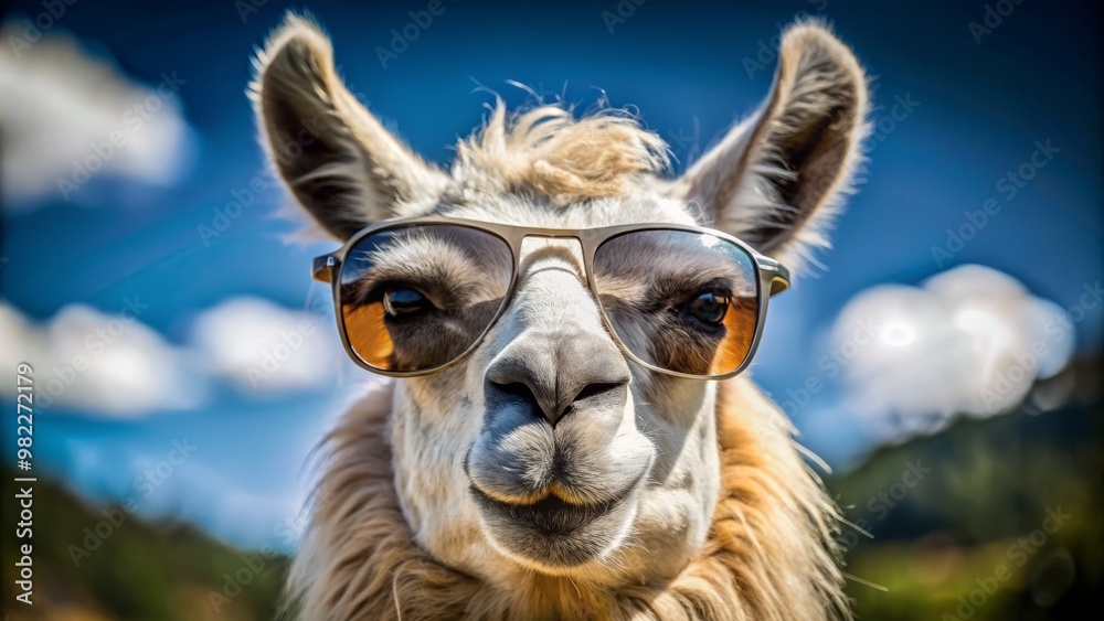 Obraz premium A sly grin spreads across the llama's mug as it dons retro sunglasses, its tilted head conveying a