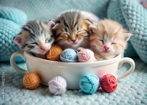 Adorable balls of fluff, tiny paws, and sweet little mugs, capturing the cuteness of newborn kittens, curled up, sleeping, and playing with toys. photo