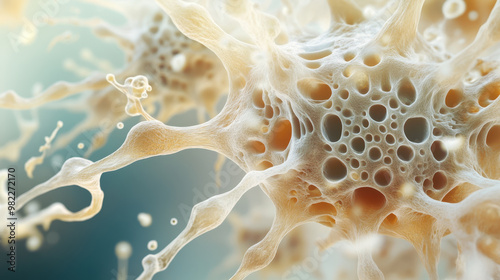Intricate fungal structures growing on an organic surface, showcasing beauty of natures microscopic world. delicate details and textures evoke sense of wonder and curiosity