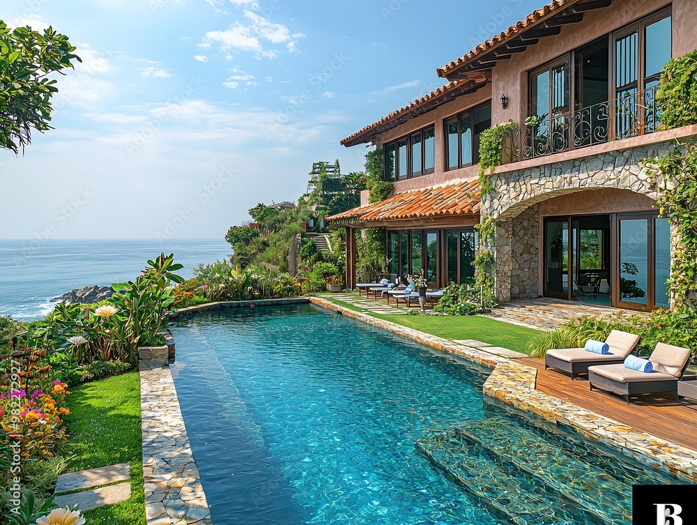Fototapeta premium Pink villa with ocean view and poolside luxury