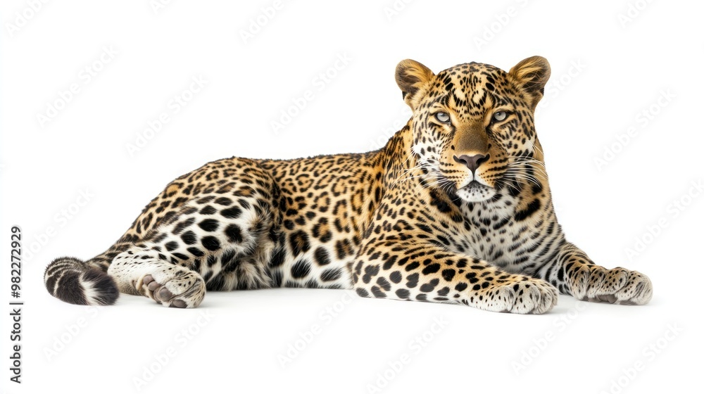 Obraz premium Leopard Lying Down on White Background