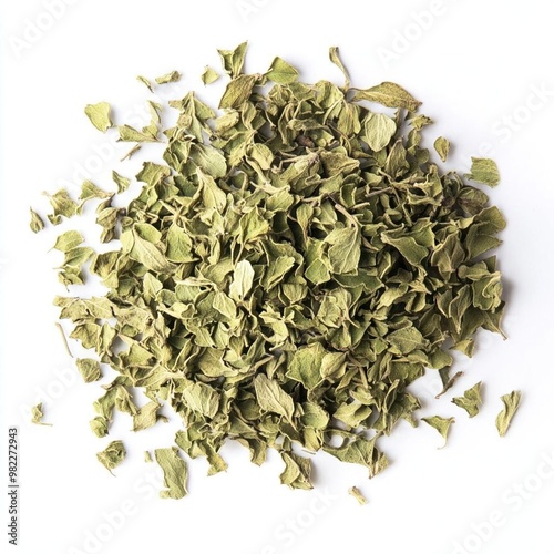 Dried oregano leaves on white background. photo