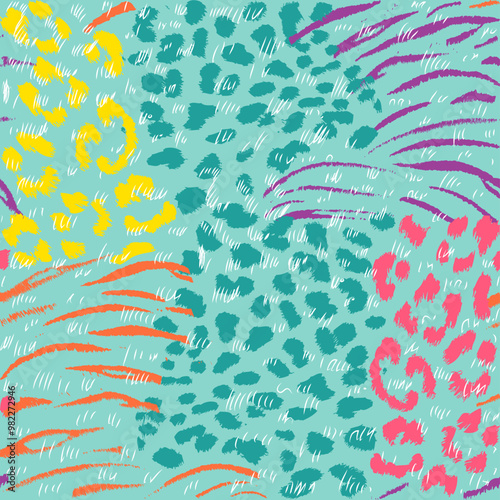Bright, trendy, vector seamless pattern in animalistic style: multi-colored spots imitating the design on the bodies of predatory felines—tiger, leopard, cheetah. Background in safari style.