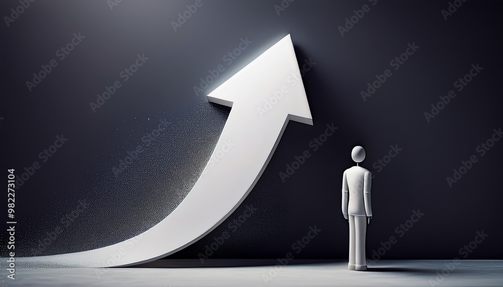 A person gazes at a large upward arrow, symbolizing growth, progress, and ambition against a dark backdrop.