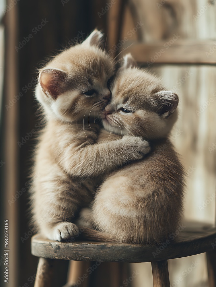 Two adorable kittens cuddling on a wooden chair. Two adorable kittens cuddling on a wooden chair.