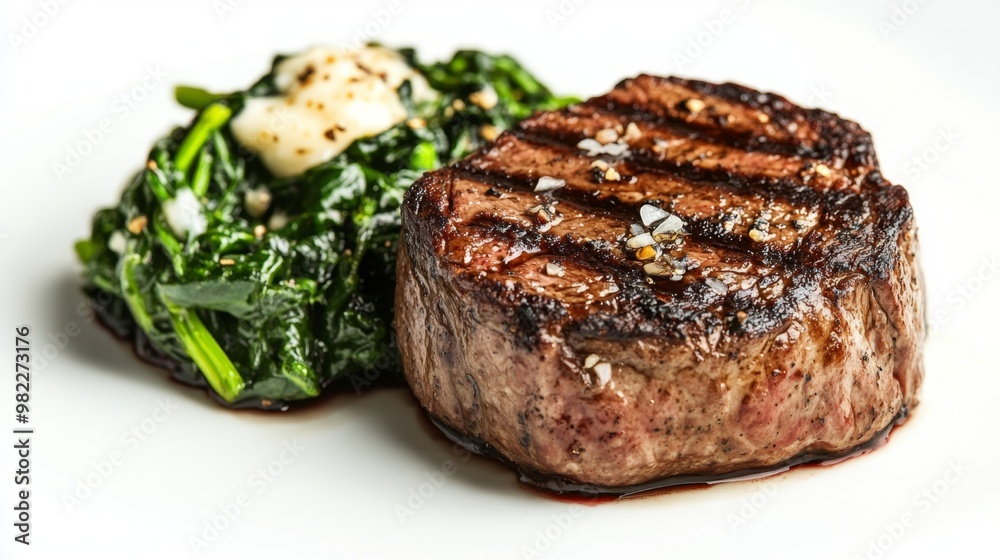 Grilled filet mignon with a side of sauteed spinach Grilled filet mignon with a side of sauteed spinach