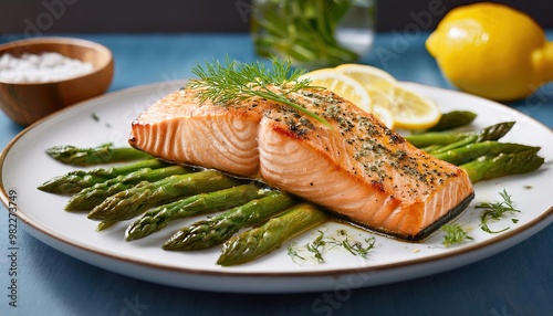 Grilled Salmon with Lemon and Asparagus on a White Plate