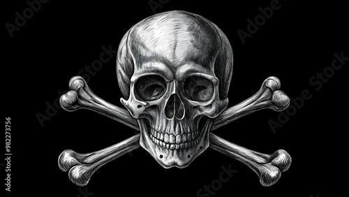 Skull and crossbones art featuring a detailed hand-drawn design with intricate patterns in black and white, skull, crossbones, art photo