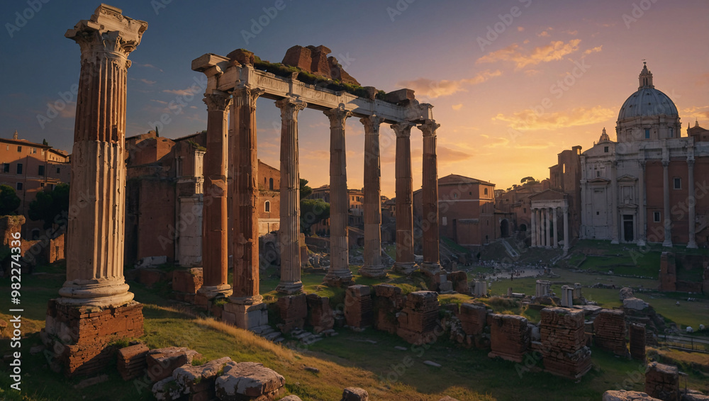 Obraz premium the ancient ruins of the Roman Forum at dusk, with the remaining columns and arches glowing softly as the sun sets