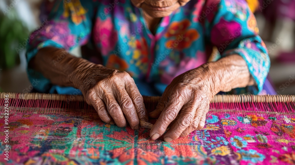 Intimate photo of an elder weaving traditional patterns into a fabric on a handloom, cultural craftsmanship in a modern world