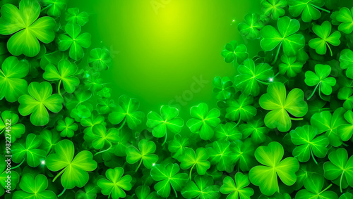 St. Patrick's Day celebration. green shamrock leaves on green background. 