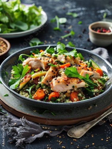 A bowl of food with chicken, carrots, and greens. The bowl is on a plate and there is a spoon next to it