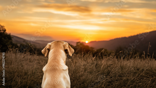 labrador looking at the sunset