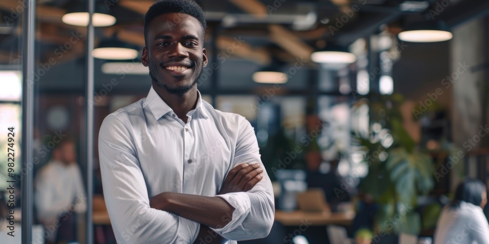 A man with a big smile is standing in a room with a plant behind him. He is wearing a white shirt and a black tie A man with a big smile is standing in a room with a plant behind him. He is wearing a white shirt and a black tie