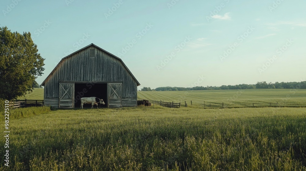 Rustic Barn with Cow in Rural Field Rustic Barn with Cow in Rural Field