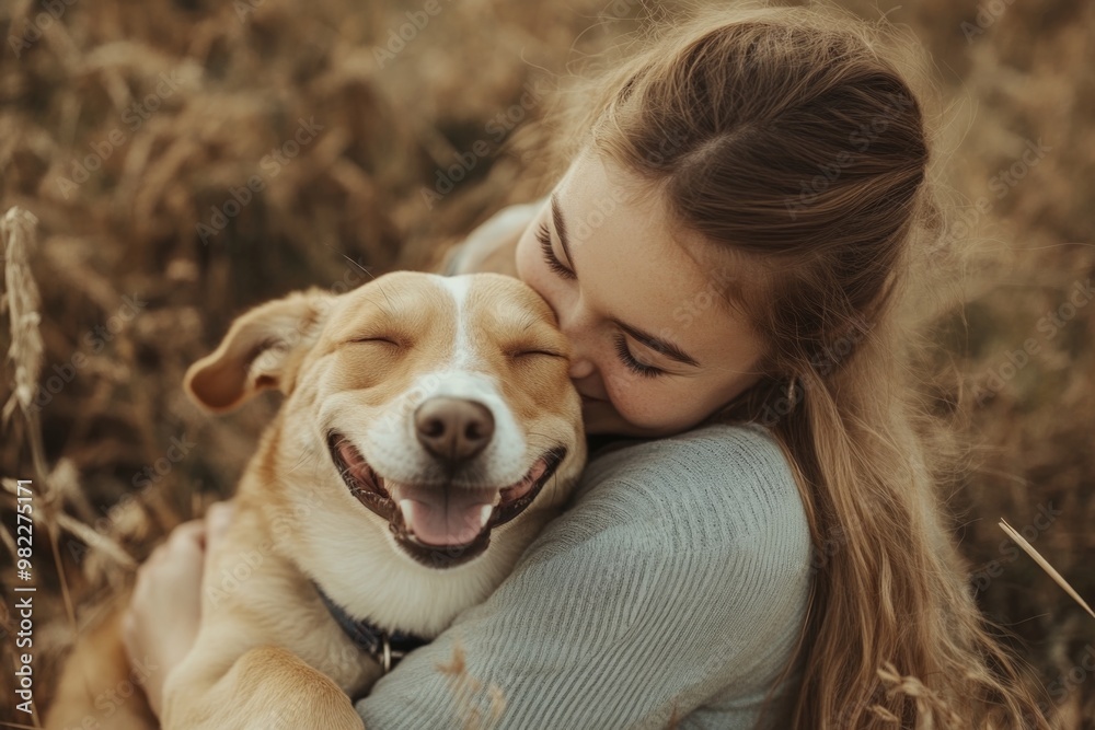 A girl is hugging a dog and the dog is smiling. Scene is happy and joyful A girl is hugging a dog and the dog is smiling. Scene is happy and joyful