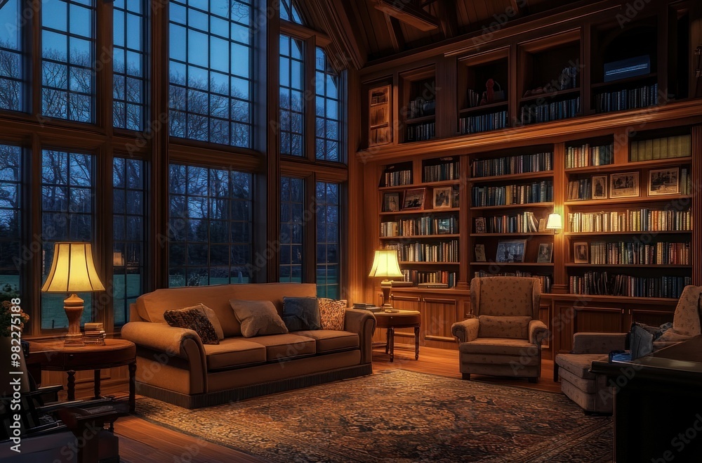 Cozy Library with Large Windows Cozy Library with Large Windows