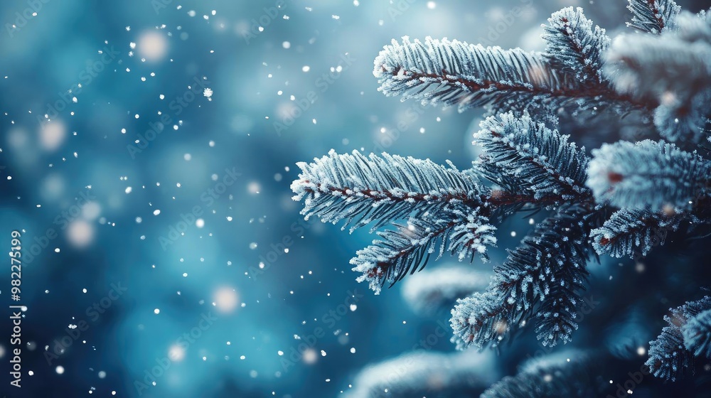 A close-up of frosty pine branches covered in snow, capturing the essence of winter with a serene blue background.