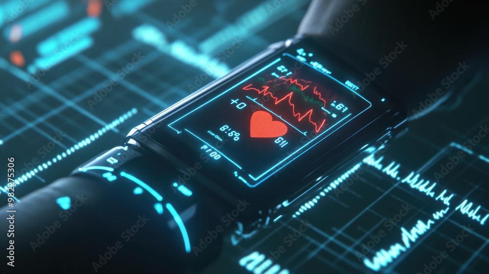 Fototapeta premium A digital health monitoring device tracking heart rate and vitals on a patient wrist.