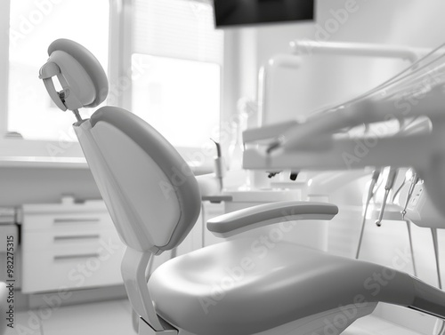 A white chair is in a room with a window. The chair is in a dental office