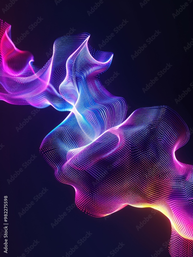 Obraz premium A colorful, abstract image of a wave with a purple and blue hue. The image is a representation of a computer-generated wave, and the colors are vibrant and eye-catching. Scene is energetic and dynamic