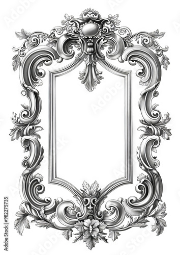 A beautifully intricate silver frame with ornate scrolls and flourishes. The frame is a classic example of decorative design.