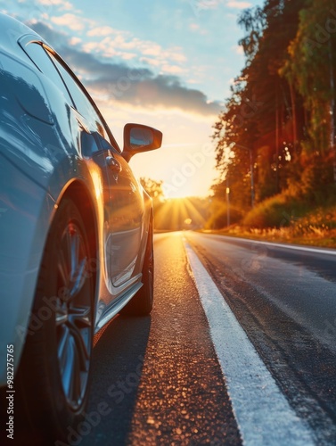 A car is driving down a road with the sun shining on it. The car is white and has a shiny finish. The road is empty and the sky is clear