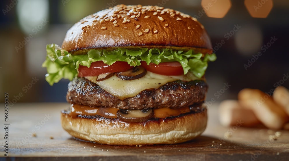 Juicy cheeseburger with fresh lettuce, tomatoes, and onions served on a sesame seed bun in a rustic setting Juicy cheeseburger with fresh lettuce, tomatoes, and onions served on a sesame seed bun in a rustic setting