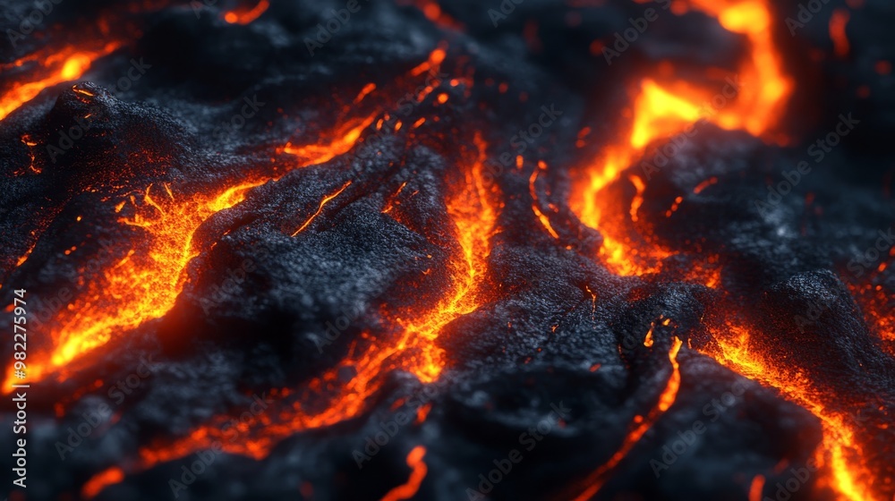 Close-up of Molten Lava Flowing Through Dark, Rough Terrain Close-up of Molten Lava Flowing Through Dark, Rough Terrain