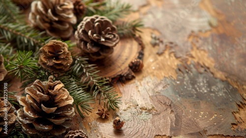 Pine cones and pine needles scattered across a wooden table. photo