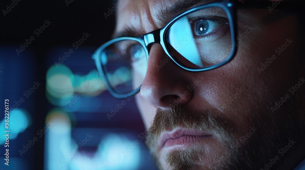 A man with glasses is looking at a computer screen. Concept of focus and concentration as the man stares intently at the screen
