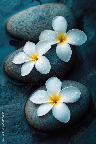 Three white flowers are floating on top of three rocks in a body of water. The flowers are surrounded by water and rocks, creating a serene and peaceful atmosphere. Concept of calmness and tranquility