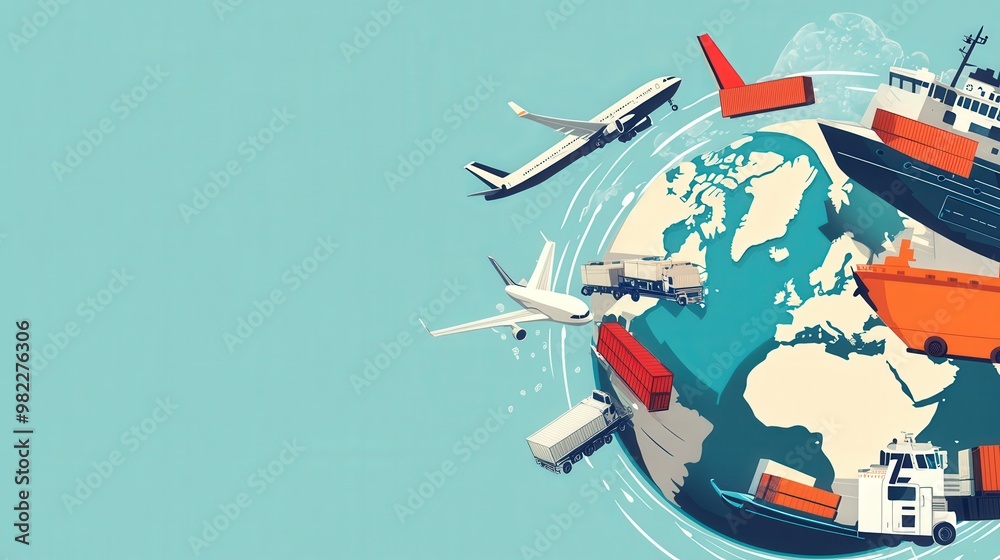 Cartoon ships, planes, and trucks moving goods around a globe, representing international logistics.