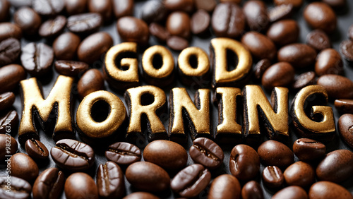 Golden letters spell out good morning, beautifully positioned among dark roasted coffee beans, creating a warm and inviting start to the day