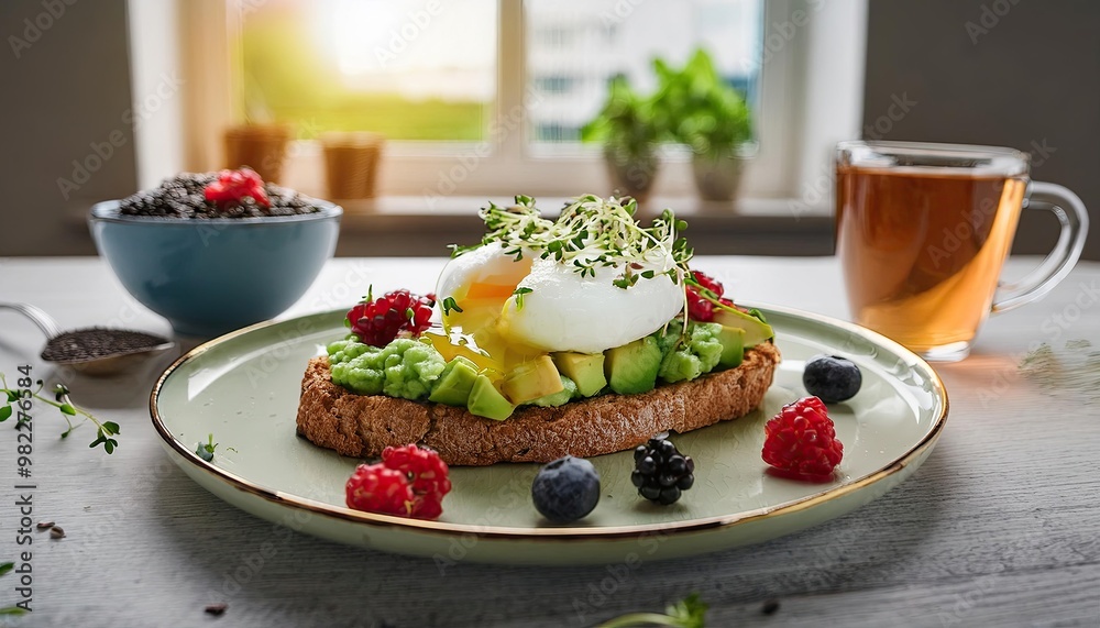 Delicious Avocado Toast with Poached Egg and Berries Delicious Avocado Toast with Poached Egg and Berries