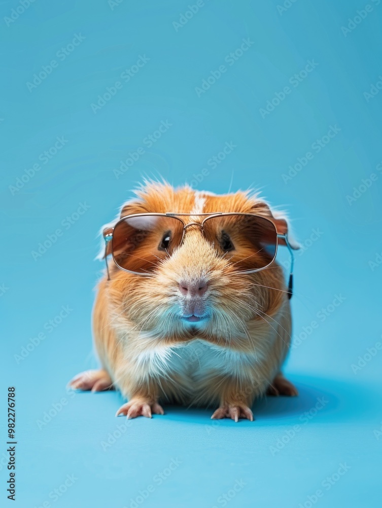 A small brown and white guinea pig is wearing sunglasses and sitting on a blue surface. The image conveys a playful and lighthearted mood, as the guinea pig is dressed up in sunglasses A small brown and white guinea pig is wearing sunglasses and sitting on a blue surface. The image conveys a playful and lighthearted mood, as the guinea pig is dressed up in sunglasses