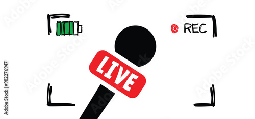 News, live recording, journalist concept. Hand drawn framed snapshot. Mobile phone video camera viewfinder, rec. Cartoon player, microphone, podcast, voice. Reporter take interview, press conference.