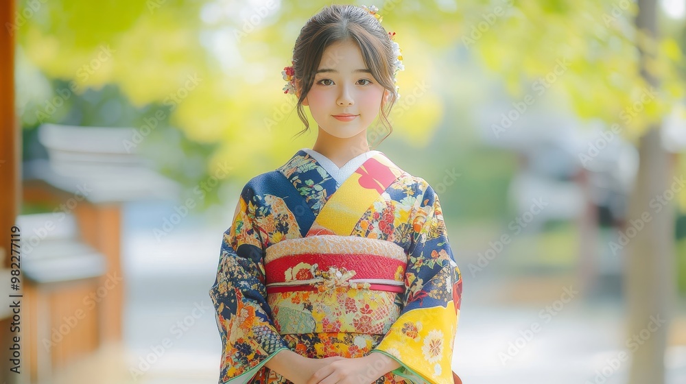 Elegant Japanese Teenager in Vibrant Kimono showcasing Intricate Patterns and Serene Expression Elegant Japanese Teenager in Vibrant Kimono showcasing Intricate Patterns and Serene Expression
