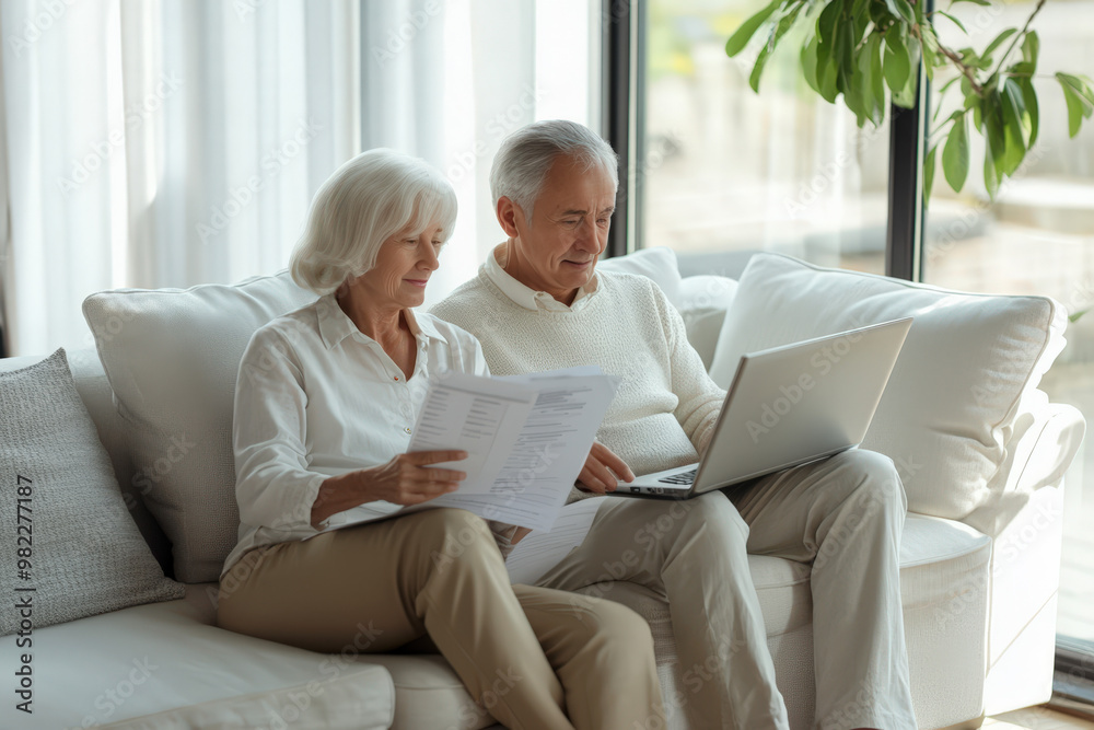 Senior couple is sitting on a sofa at home, using a laptop and reviewing documents while planning their retirement finances Senior couple is sitting on a sofa at home, using a laptop and reviewing documents while planning their retirement finances