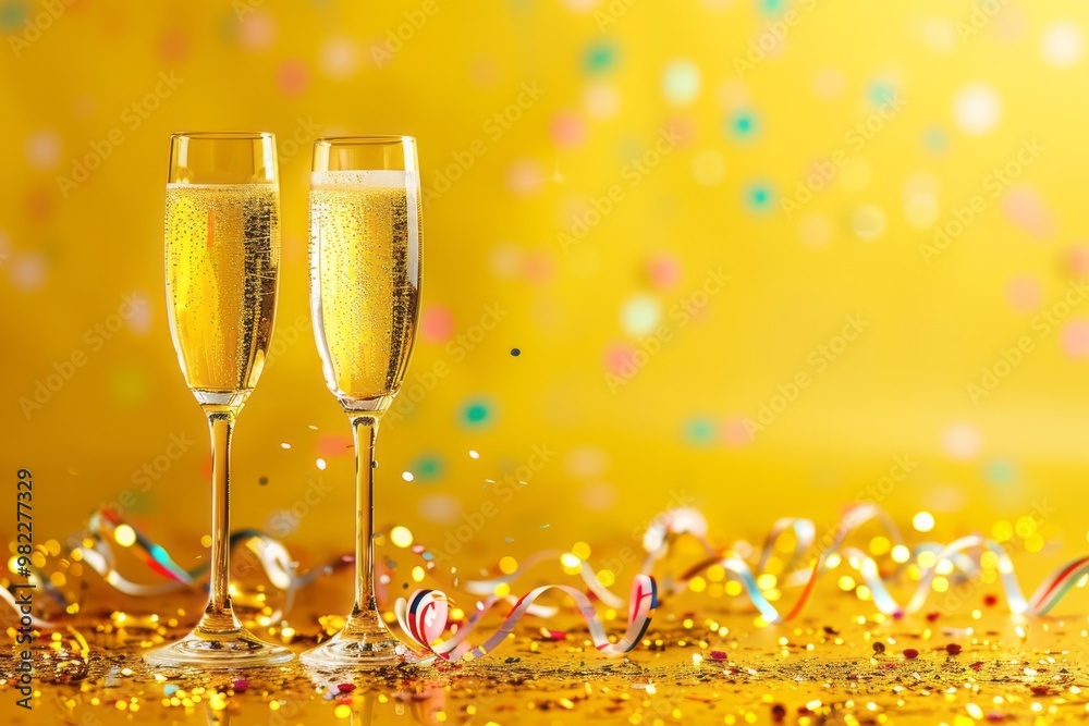 Two champagne stemware, confetti on gold festive background with a copy space. Ai generative Two champagne stemware, confetti on gold festive background with a copy space. Ai generative