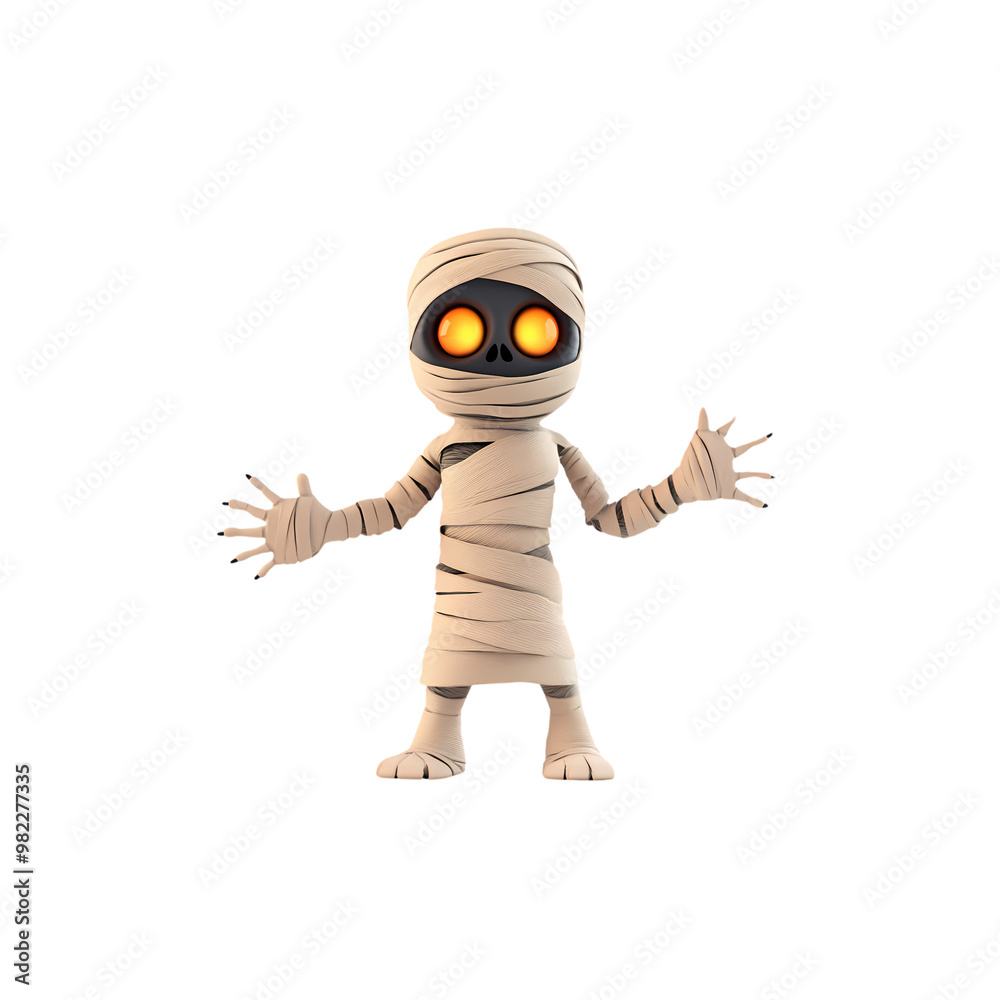 A playful cartoon mummy character with glowing orange eyes, wrapped in bandages, stands with arms outstretched. This whimsical design captures fun Halloween spirit. A playful cartoon mummy character with glowing orange eyes, wrapped in bandages, stands with arms outstretched. This whimsical design captures fun Halloween spirit.