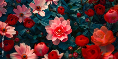 Wallpaper Mural Vibrant Floral Arrangement with Pink and Red Blossoms Amid Dark Green Foliage, Creating a Colorful Tapestry
 Torontodigital.ca