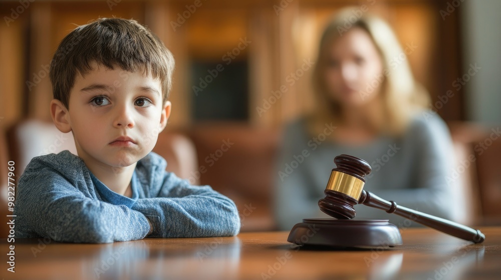 Cute child and mother at table with gavel of judge blurred in background, family law concept Cute child and mother at table with gavel of judge blurred in background, family law concept
